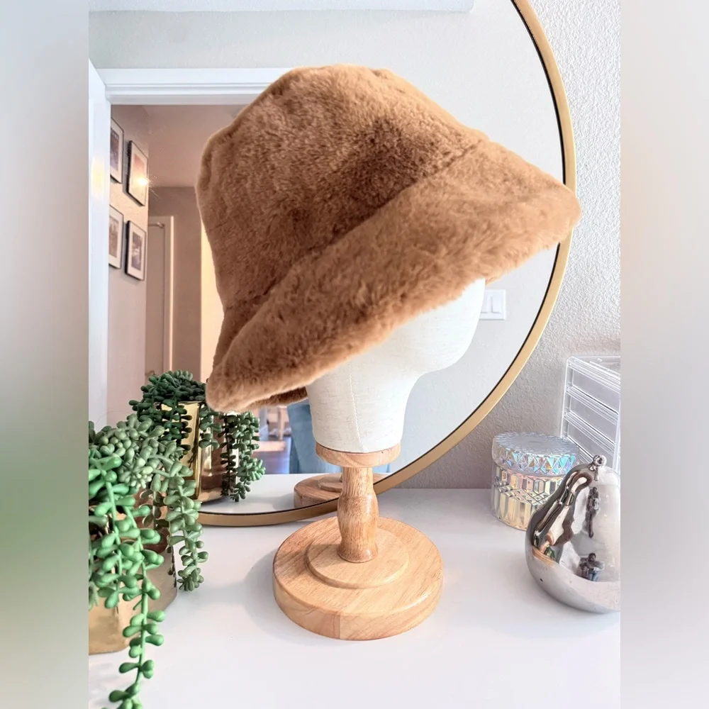 Faux Fur Camel Bucket Hat Cozy Winter Soft Plush Cloche Style